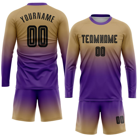 Custom Old Gold Black-Purple Sublimation Long Sleeve Fade Fashion Soccer Uniform Jersey - Sky-Custom