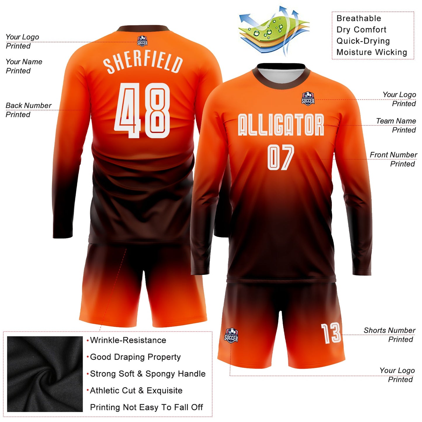 Custom Orange White-Brown Sublimation Long Sleeve Fade Fashion Soccer Uniform Jersey - Sky-Custom