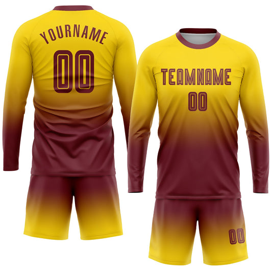 Custom Gold Burgundy Sublimation Long Sleeve Fade Fashion Soccer Uniform Jersey - Sky-Custom