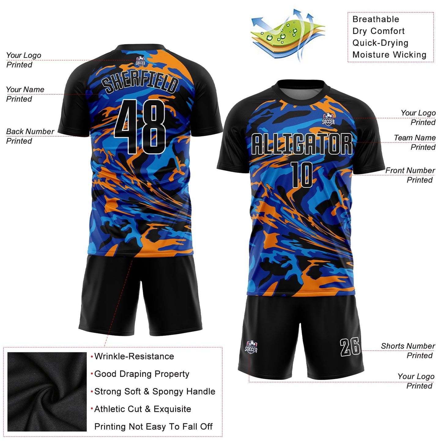 Custom Black Black Royal-Orange Sublimation Soccer Uniform Jersey - Sky-Custom