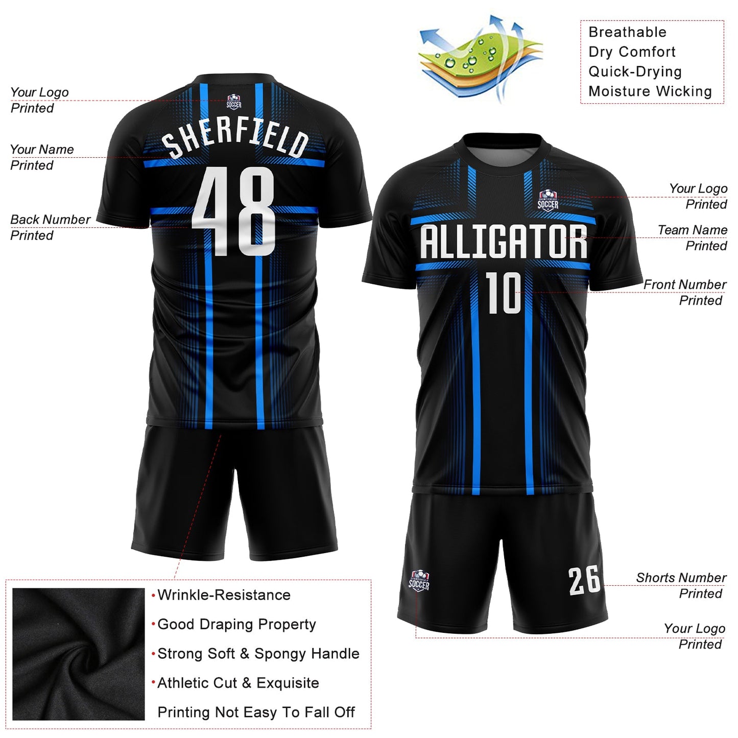 Custom Black White-Light Blue Sublimation Soccer Uniform Jersey - Sky-Custom