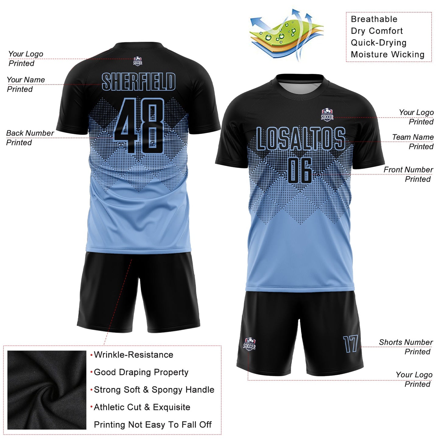 Custom Light Blue Black Sublimation Soccer Uniform Jersey - Sky-Custom