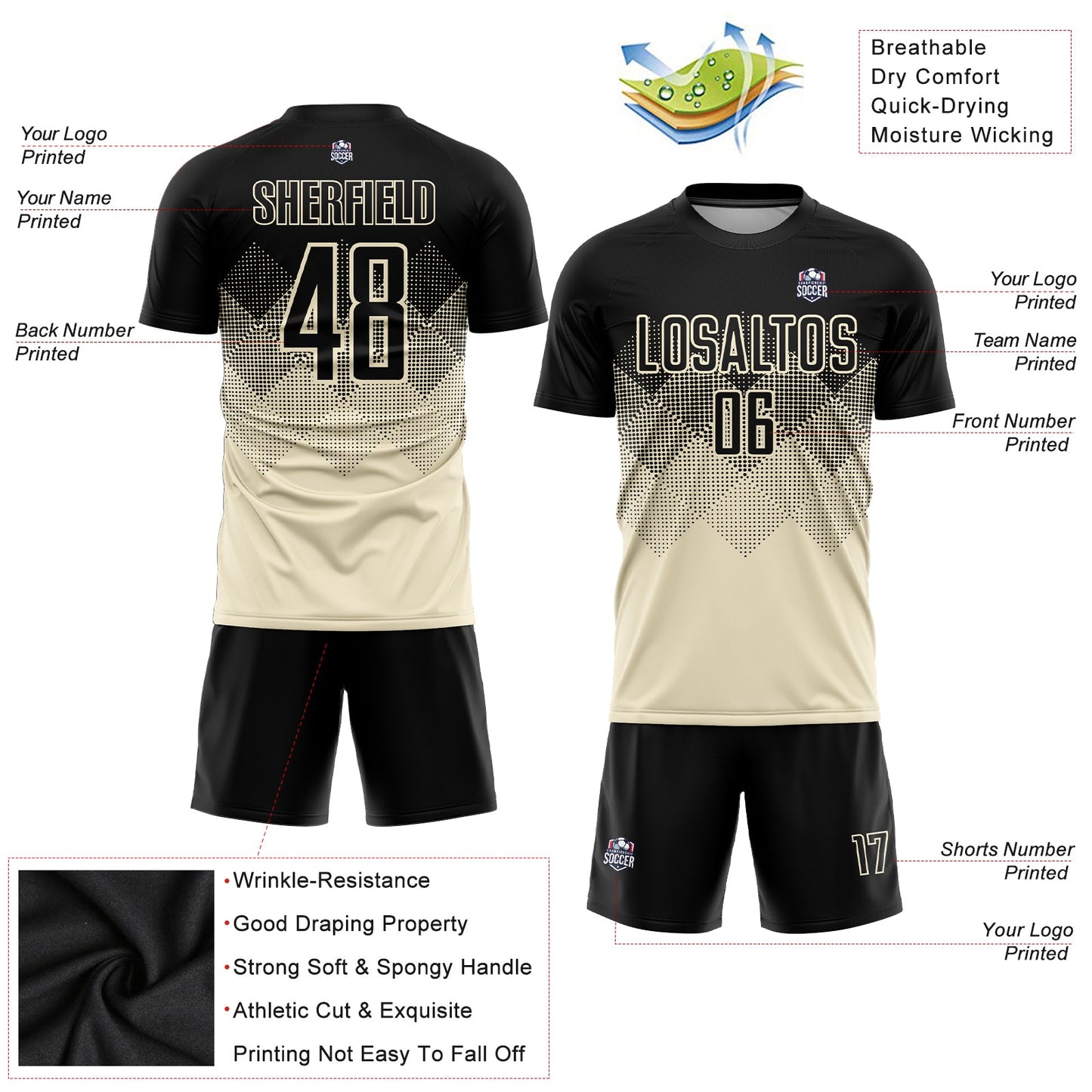Custom Cream Black Sublimation Soccer Uniform Jersey - Sky-Custom