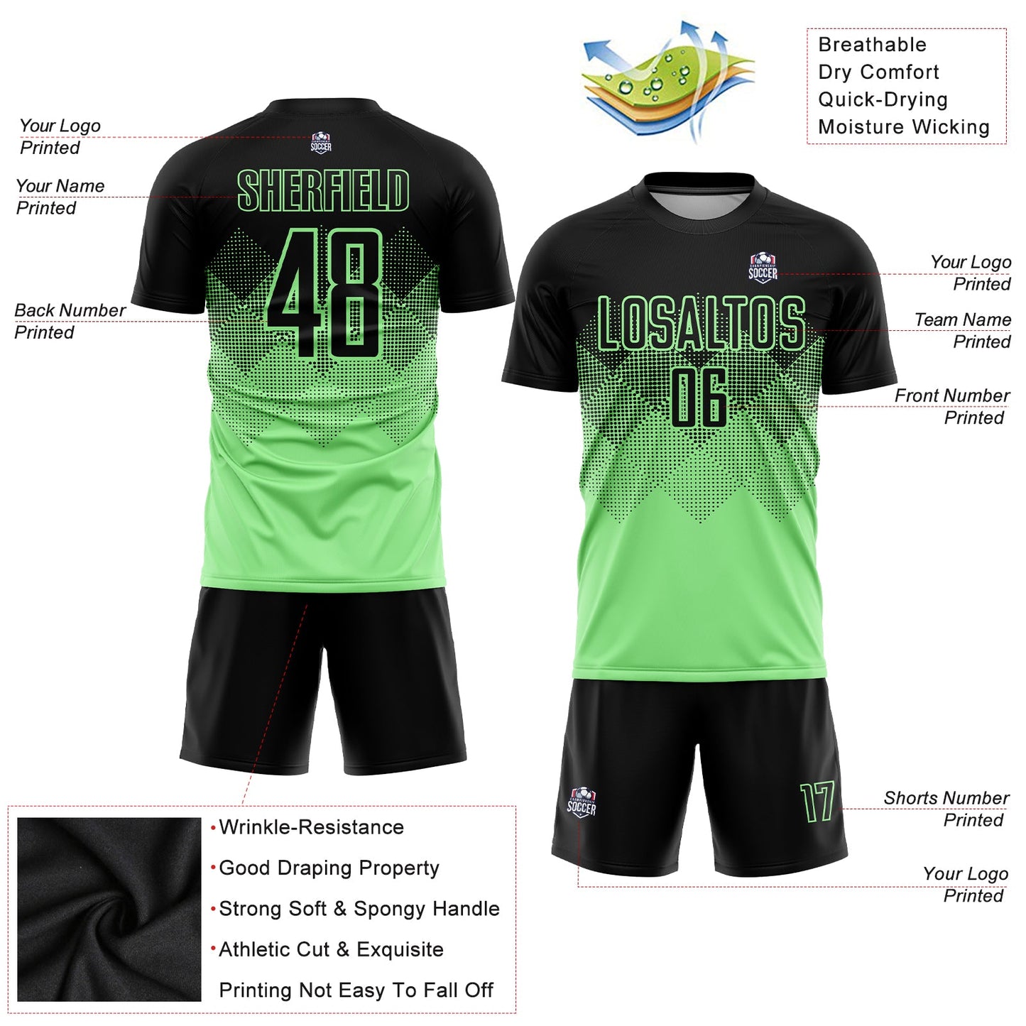 Custom Pea Green Black Sublimation Soccer Uniform Jersey - Sky-Custom