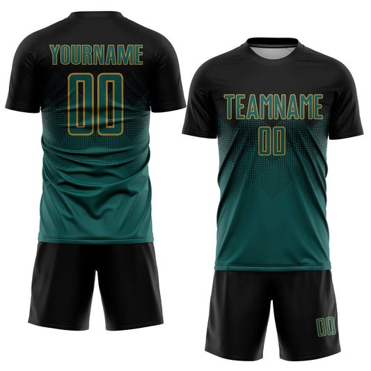 Custom Black Midnight Green-Old Gold Sublimation Soccer Uniform Jersey - Sky-Custom