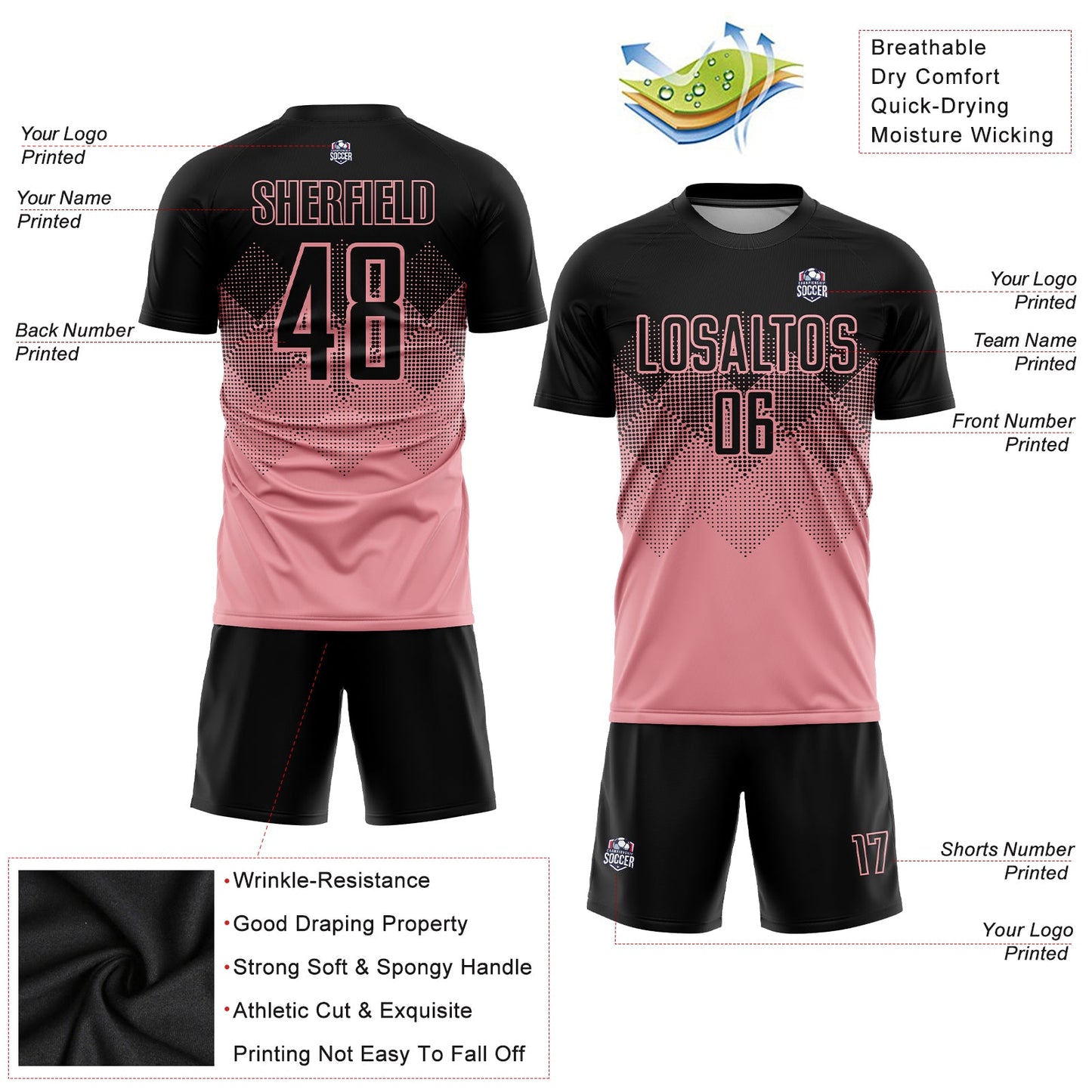 Custom Medium Pink Black Sublimation Soccer Uniform Jersey - Sky-Custom