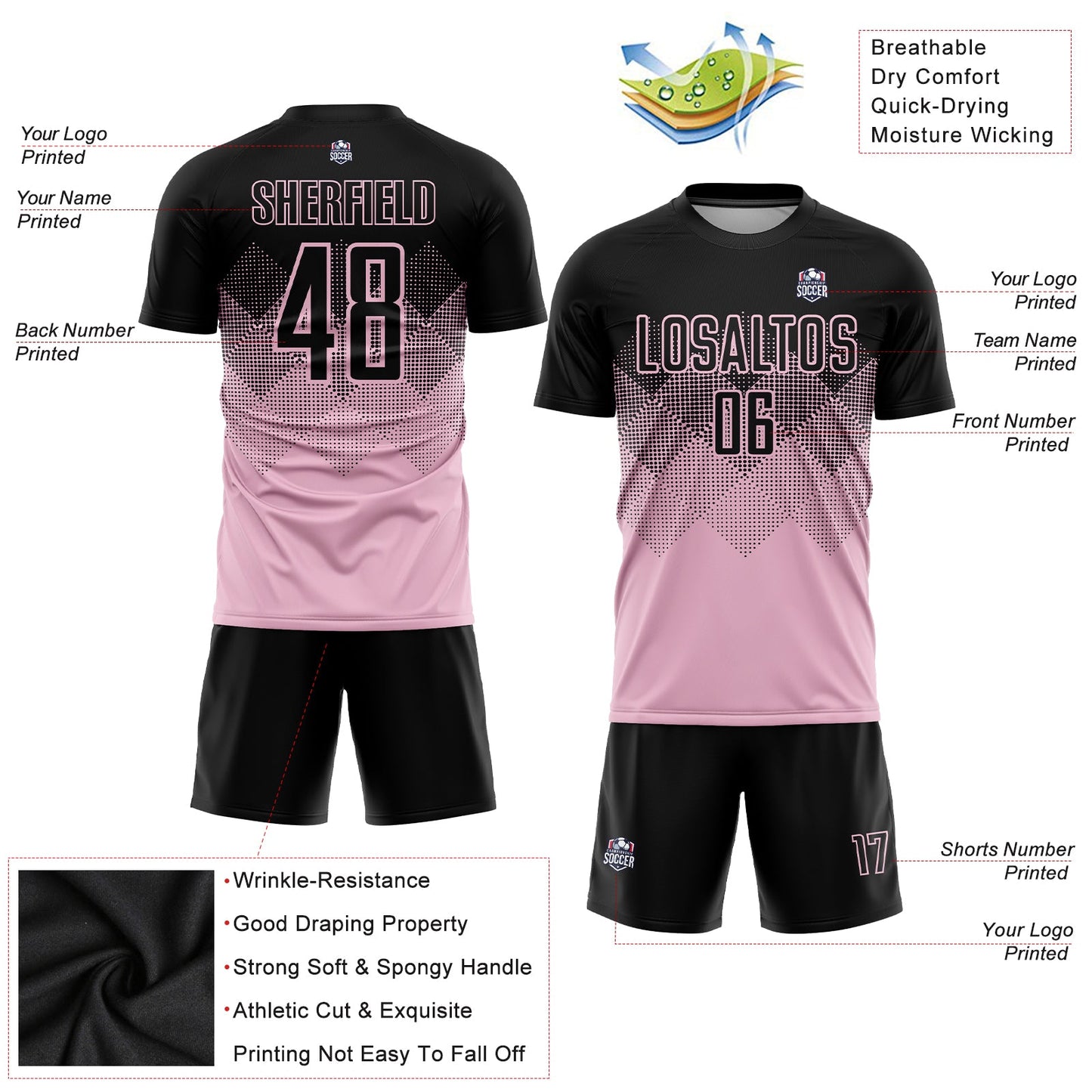 Custom Light Pink Black Sublimation Soccer Uniform Jersey - Sky-Custom