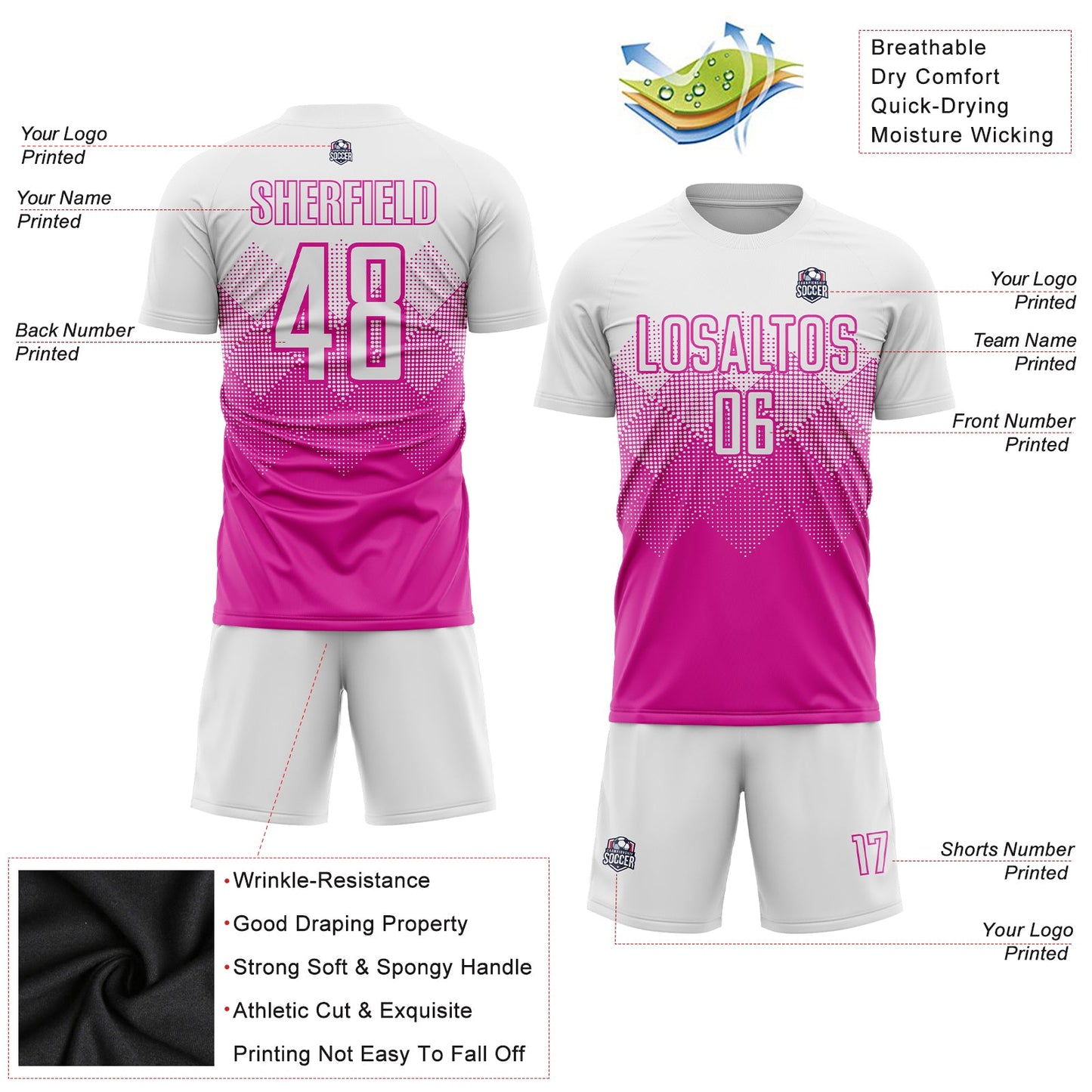 Custom Deep Pink White Sublimation Soccer Uniform Jersey - Sky-Custom