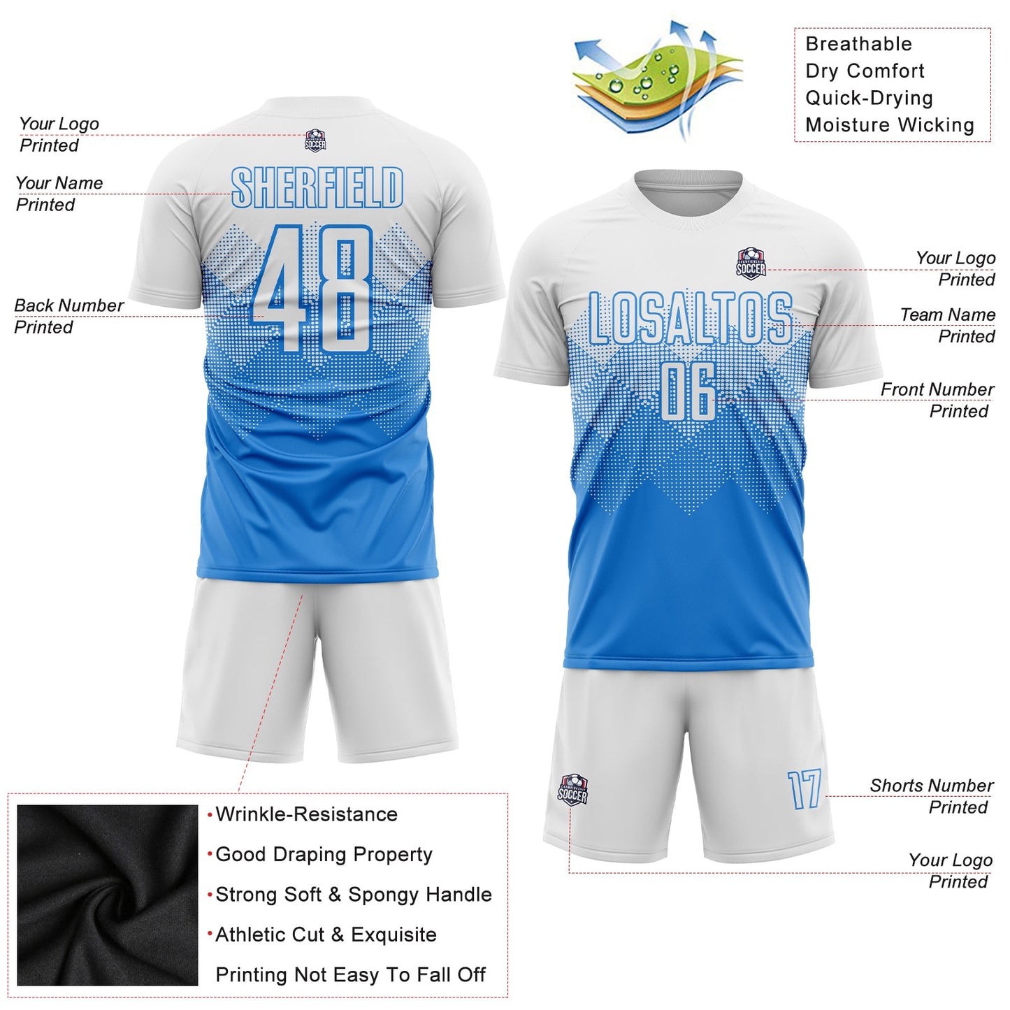 Custom Powder Blue White Sublimation Soccer Uniform Jersey - Sky-Custom