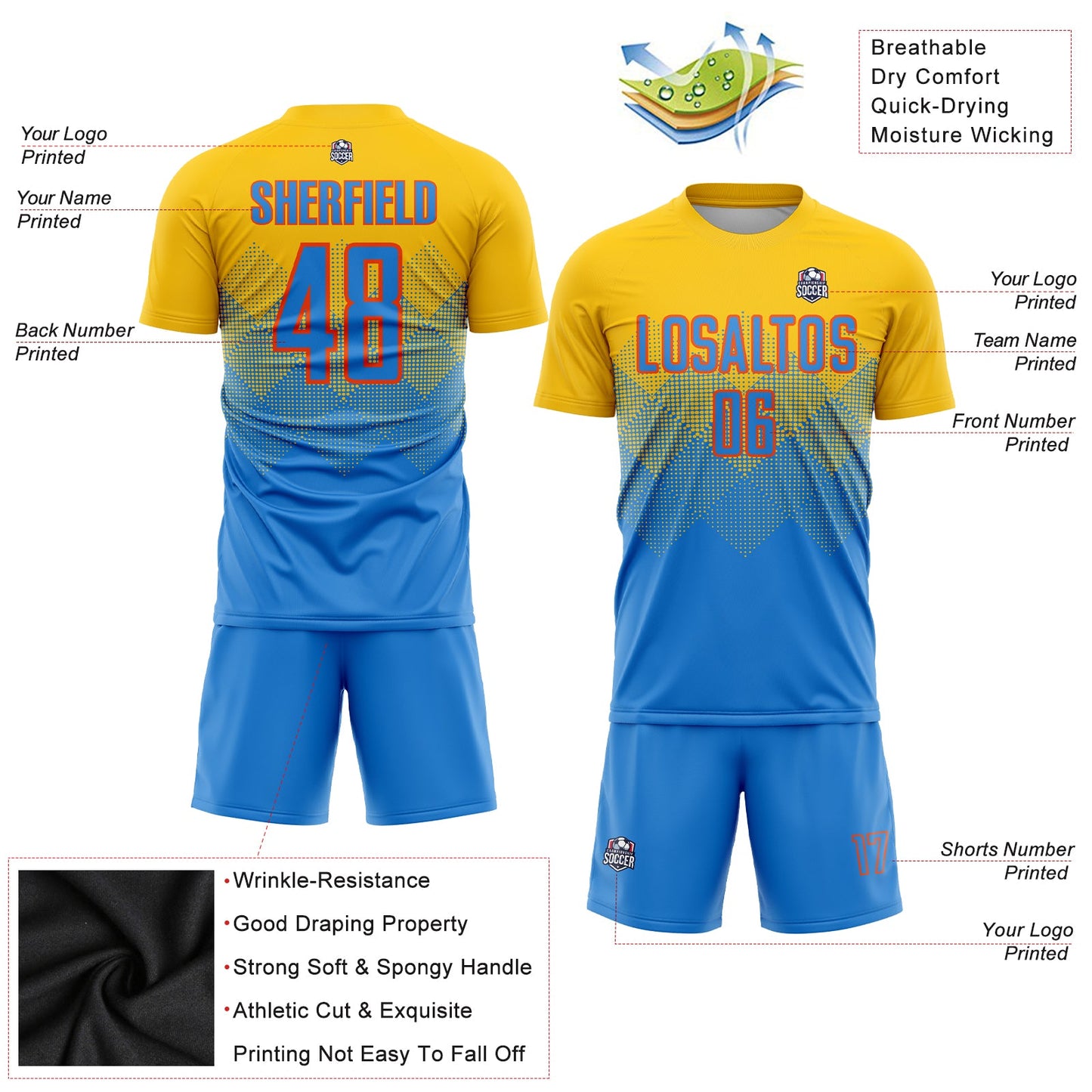 Custom Gold Powder Blue-Orange Sublimation Soccer Uniform Jersey - Sky-Custom