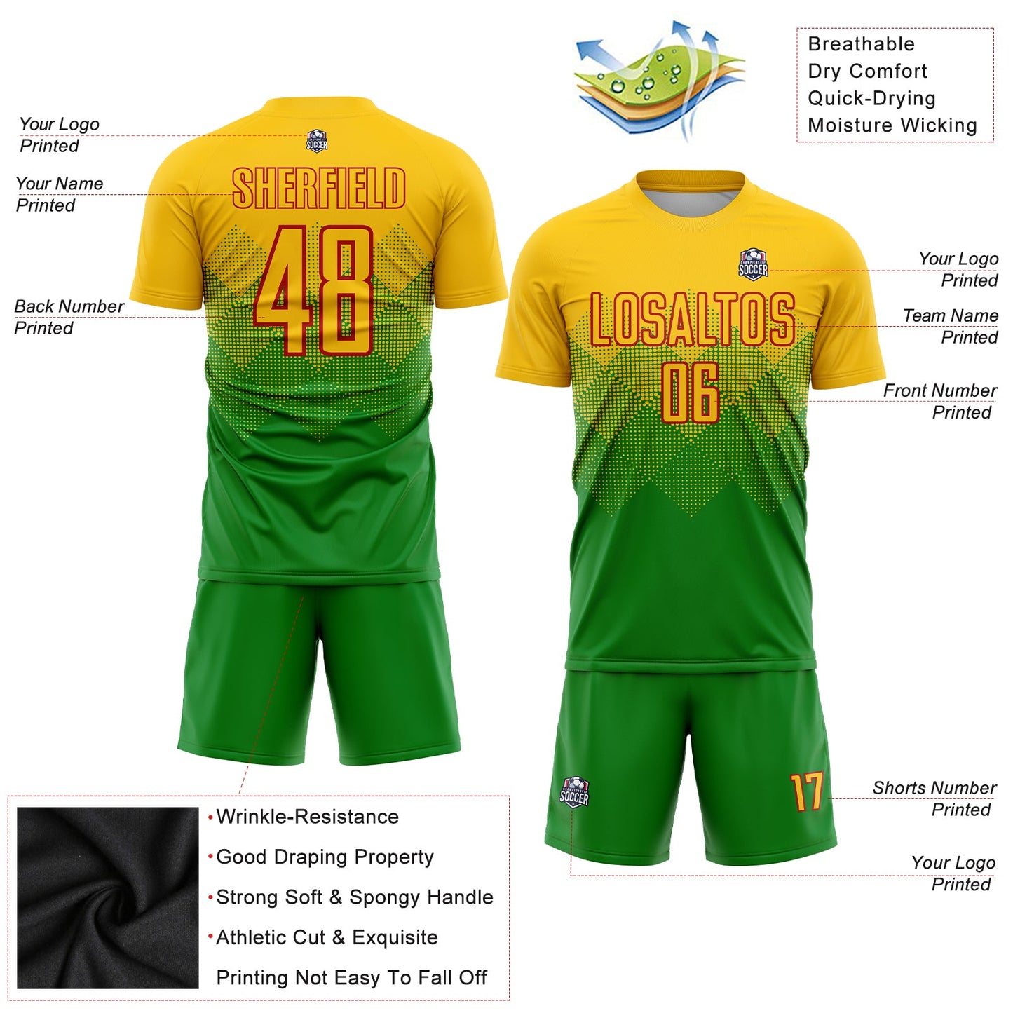 Custom Grass Green Gold-Red Sublimation Soccer Uniform Jersey - Sky-Custom