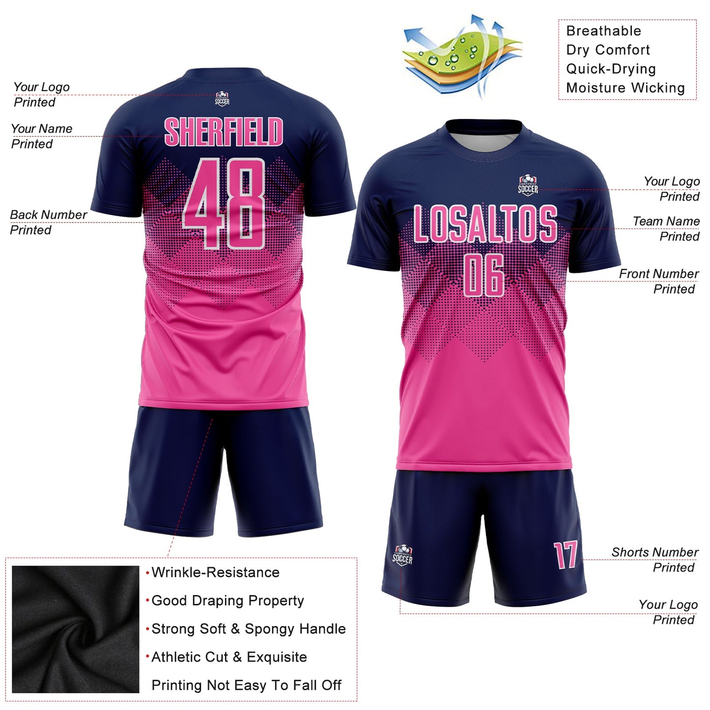 Custom Navy Pink-White Sublimation Soccer Uniform Jersey - Sky-Custom