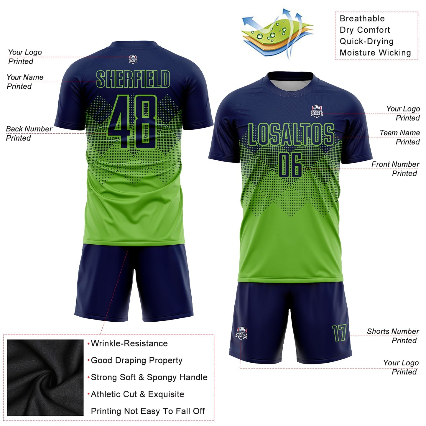 Custom Neon Green Navy Sublimation Soccer Uniform Jersey - Sky-Custom