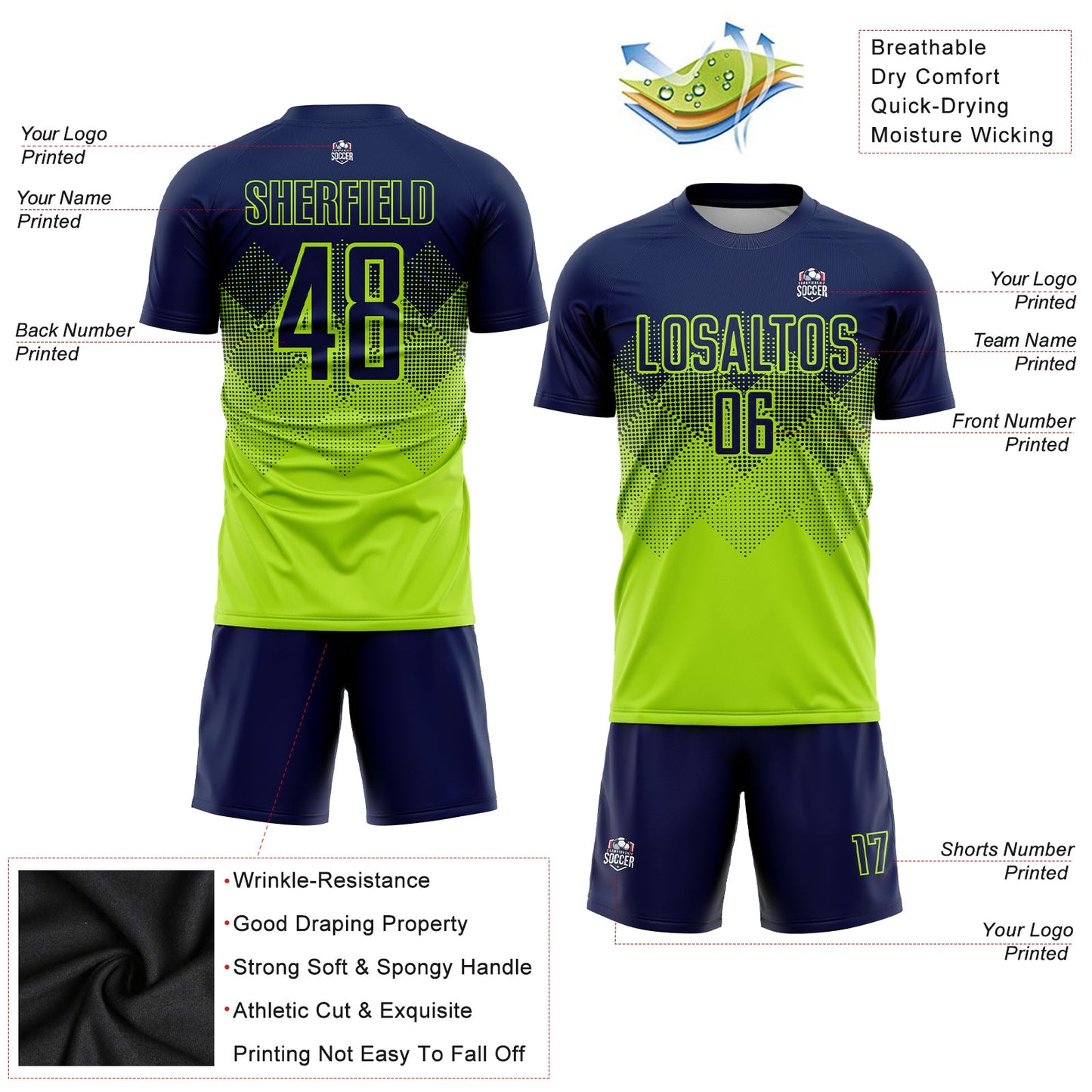 Custom Neon Green Navy Sublimation Soccer Uniform Jersey - Sky-Custom