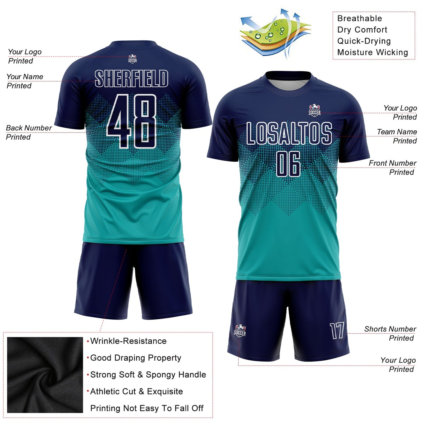 Custom Aqua Navy-White Sublimation Soccer Uniform Jersey - Sky-Custom