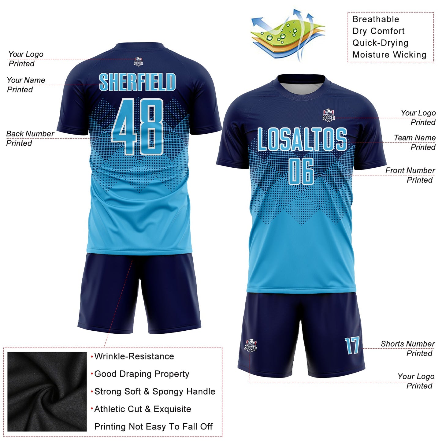 Custom Navy Sky Blue-White Sublimation Soccer Uniform Jersey - Sky-Custom