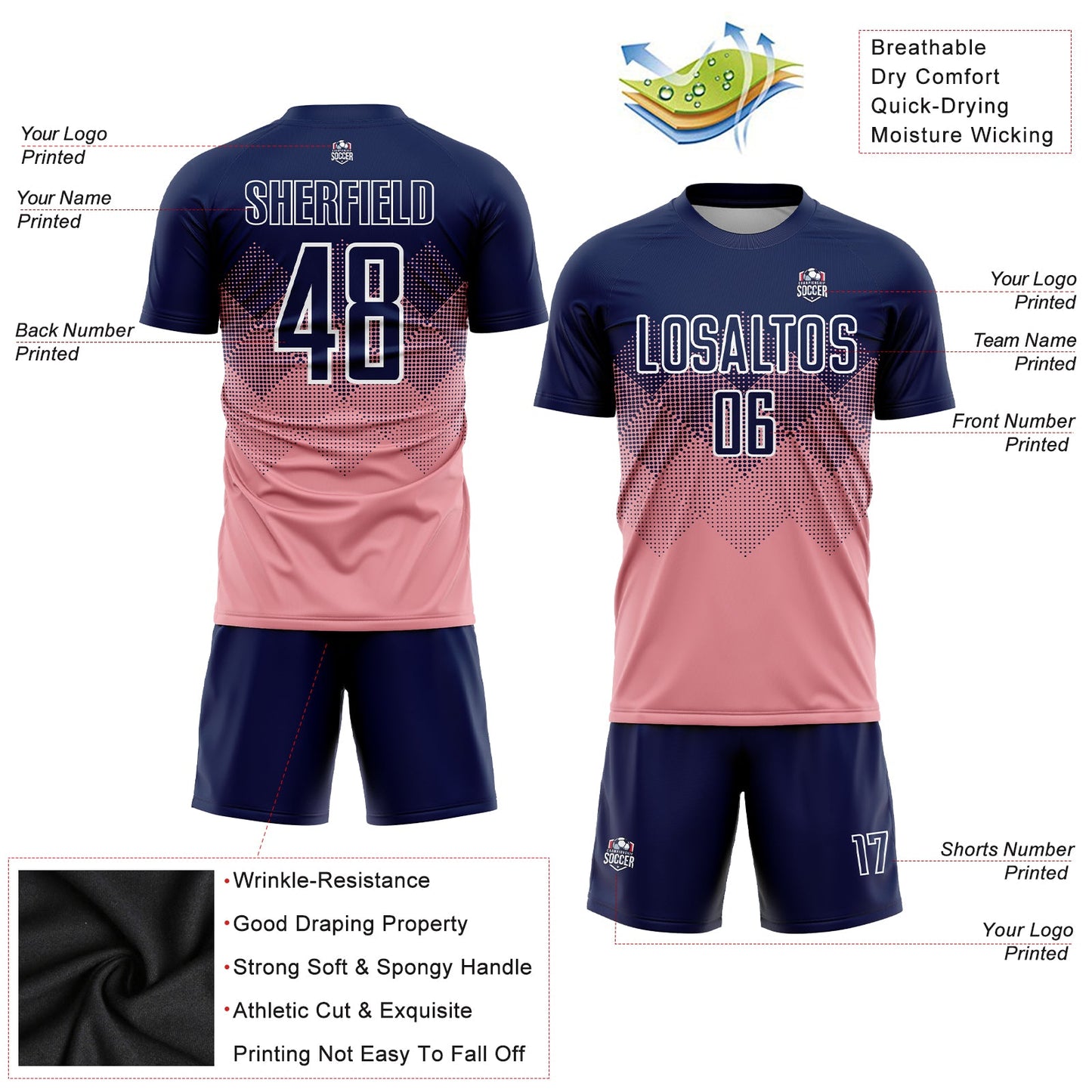 Custom Medium Pink Navy-White Sublimation Soccer Uniform Jersey - Sky-Custom