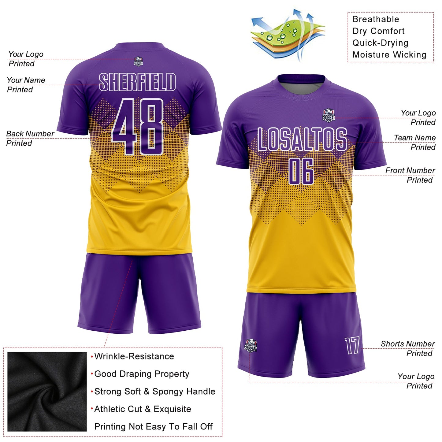 Custom Gold Purple-White Sublimation Soccer Uniform Jersey - Sky-Custom