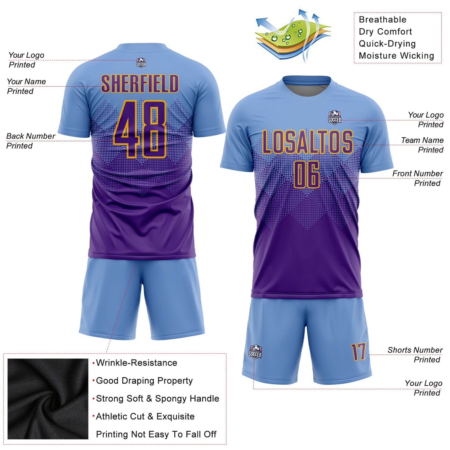 Custom Light Blue Purple-Gold Sublimation Soccer Uniform Jersey - Sky-Custom
