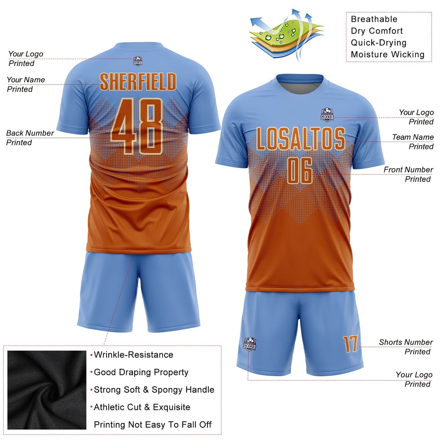 Custom Light Blue Texas Orange-Cream Sublimation Soccer Uniform Jersey - Sky-Custom