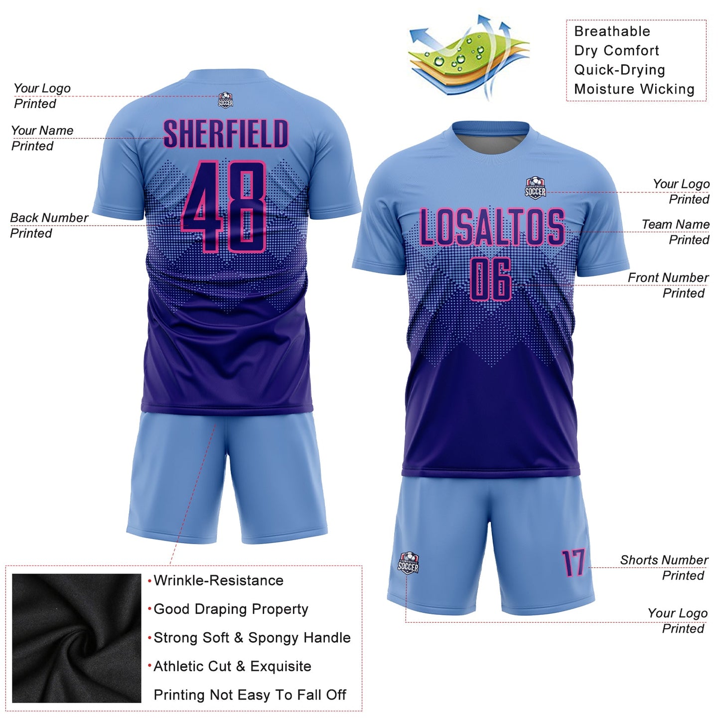 Custom Light Blue Dark Purple-Pink Sublimation Soccer Uniform Jersey - Sky-Custom