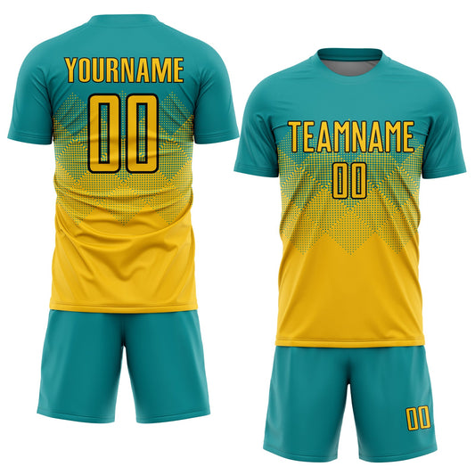 Custom Teal Gold-Black Sublimation Soccer Uniform Jersey - Sky-Custom