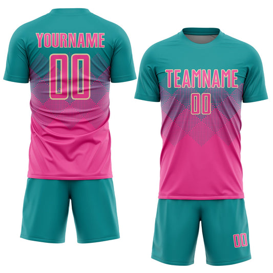 Custom Teal Pink-Cream Sublimation Soccer Uniform Jersey - Sky-Custom