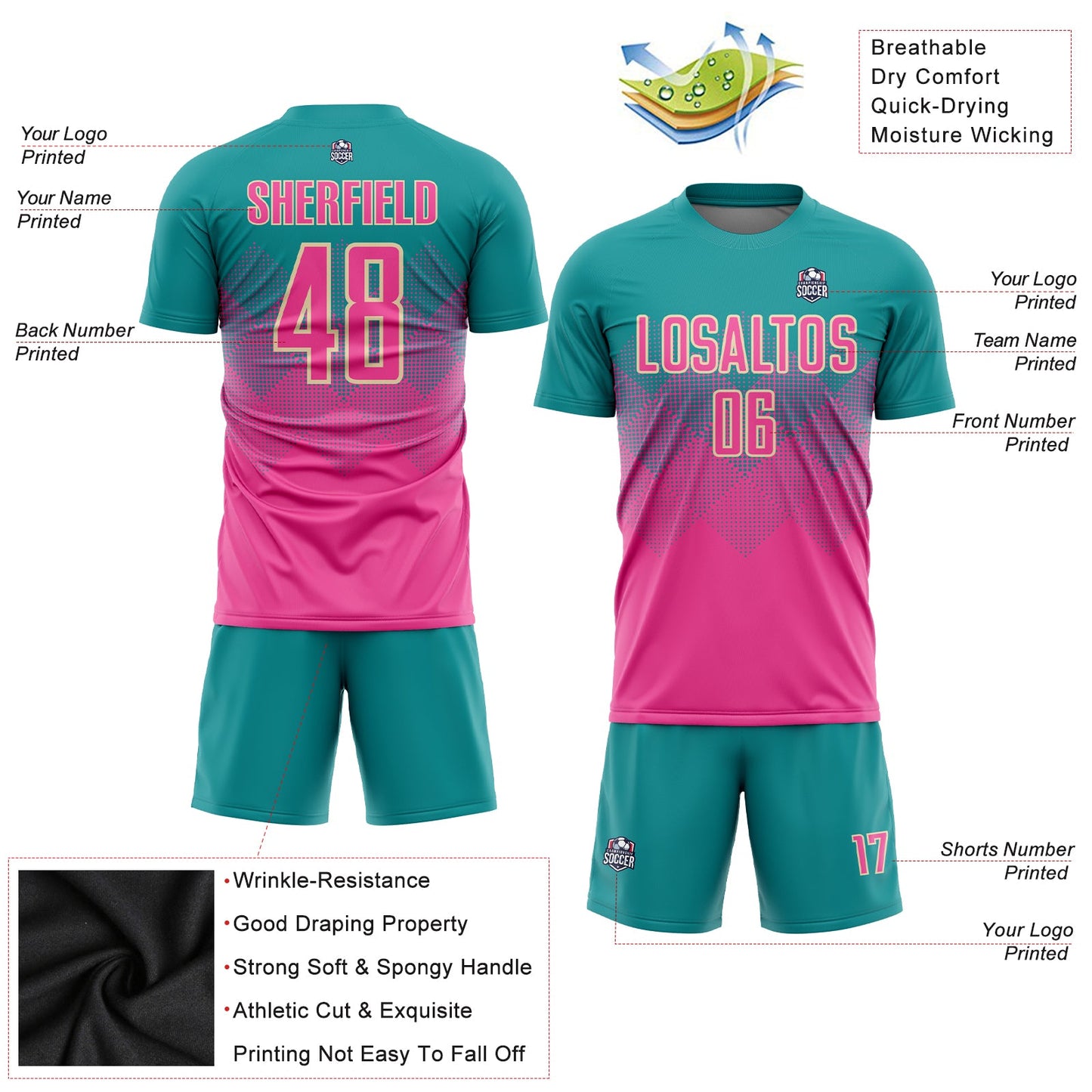 Custom Teal Pink-Cream Sublimation Soccer Uniform Jersey - Sky-Custom
