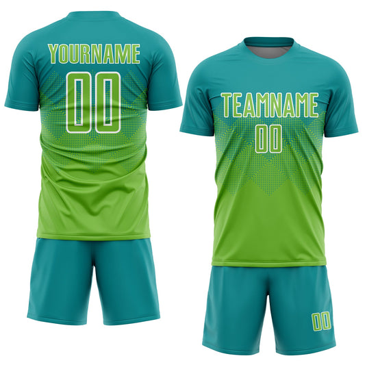 Custom Teal Neon Green-White Sublimation Soccer Uniform Jersey - Sky-Custom