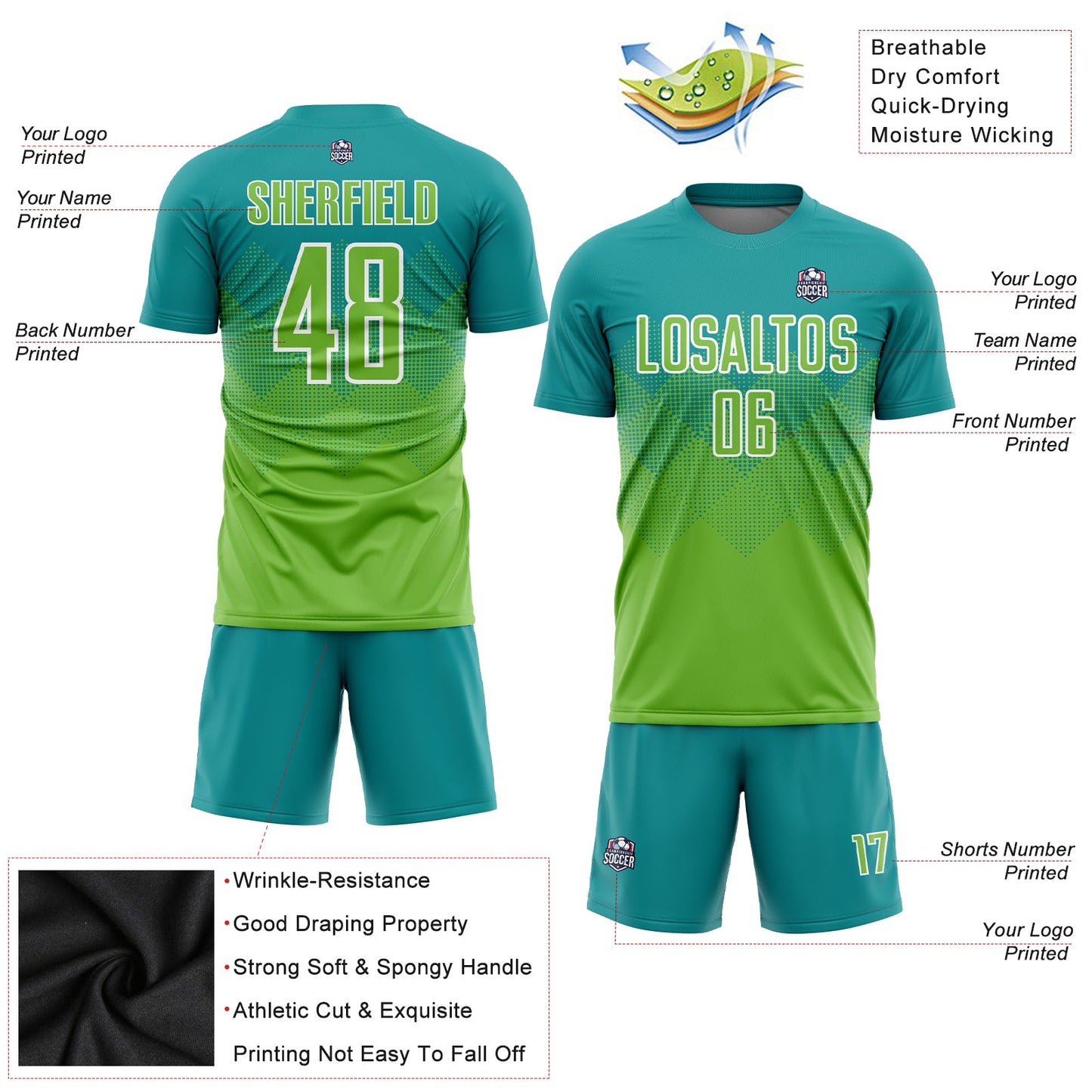 Custom Teal Neon Green-White Sublimation Soccer Uniform Jersey - Sky-Custom