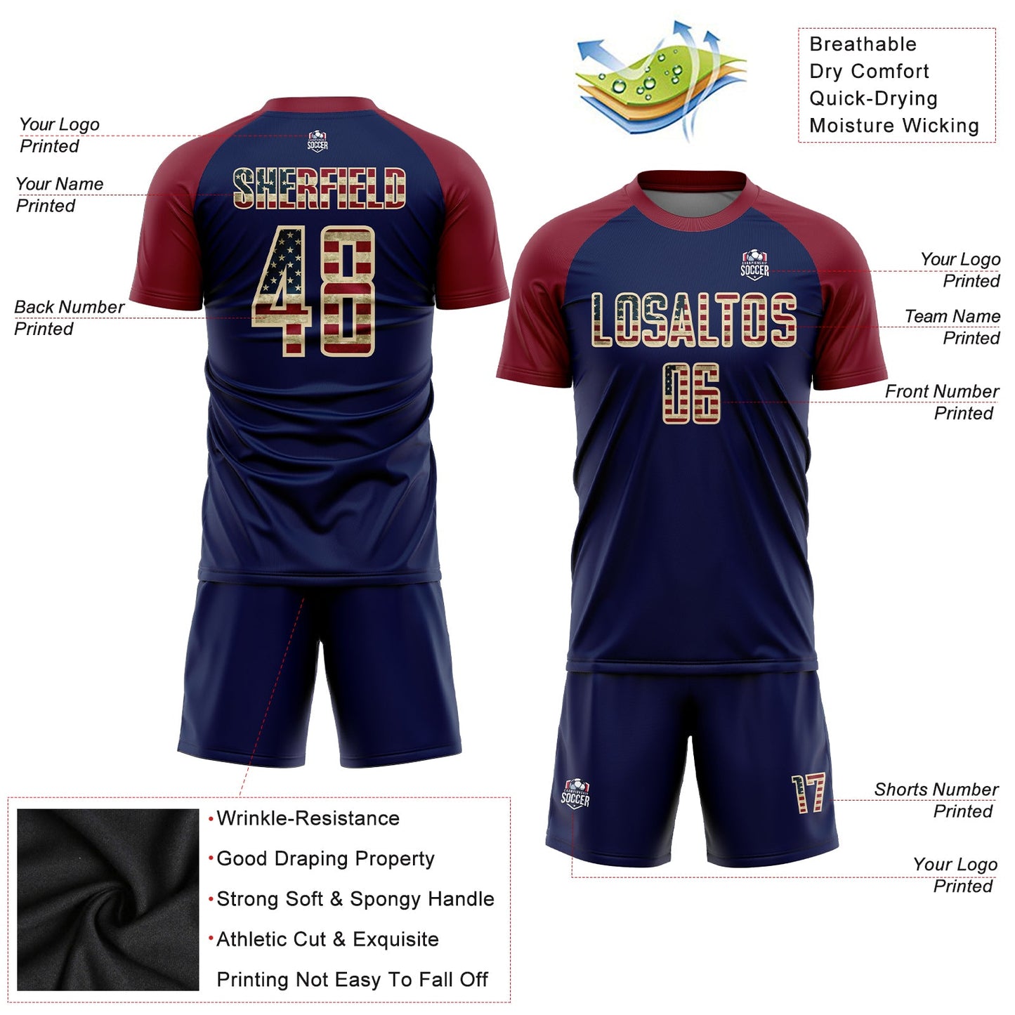 Custom Crimson Vintage USA Flag Navy-Cream Sublimation Soccer Uniform Jersey - Sky-Custom