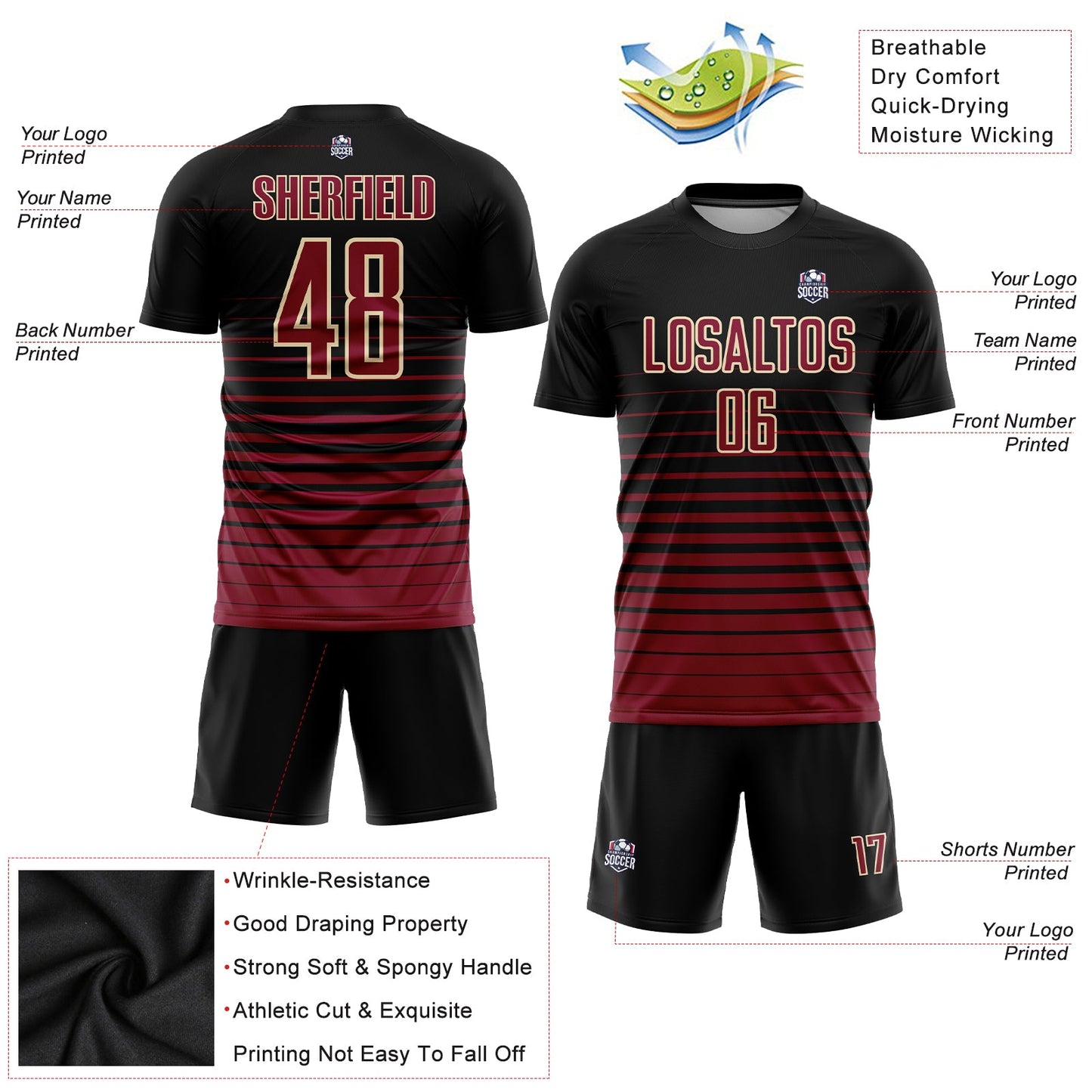 Custom Black Maroon-Cream Pinstripe Fade Fashion Sublimation Soccer Uniform Jersey - Sky-Custom