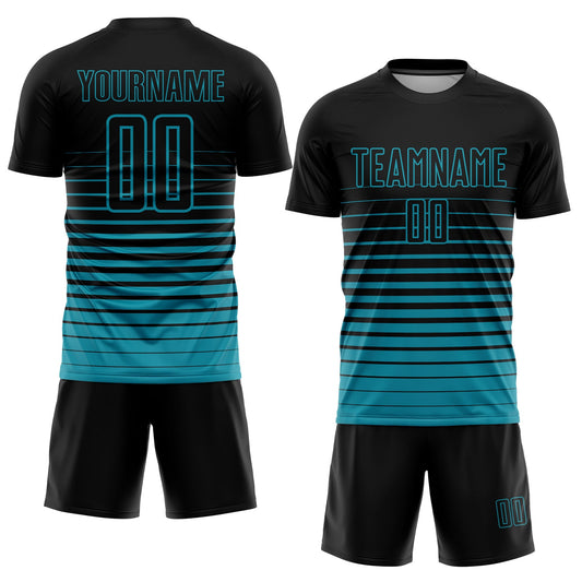 Custom Black Teal Pinstripe Fade Fashion Sublimation Soccer Uniform Jersey - Sky-Custom