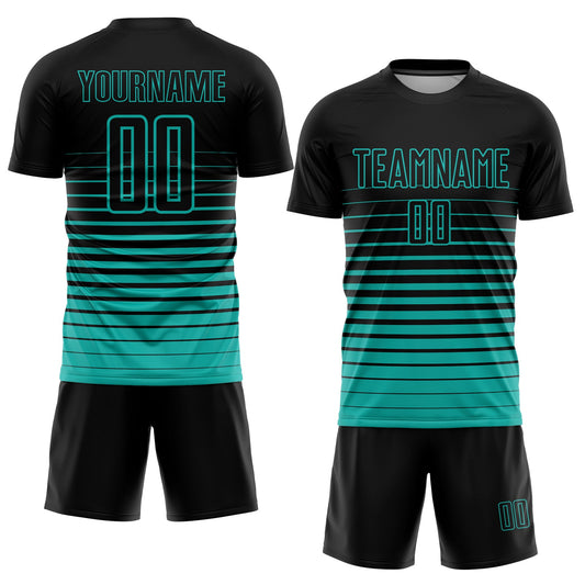 Custom Black Aqua Pinstripe Fade Fashion Sublimation Soccer Uniform Jersey - Sky-Custom