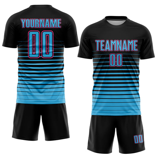Custom Black Sky Blue-Pink Pinstripe Fade Fashion Sublimation Soccer Uniform Jersey - Sky-Custom