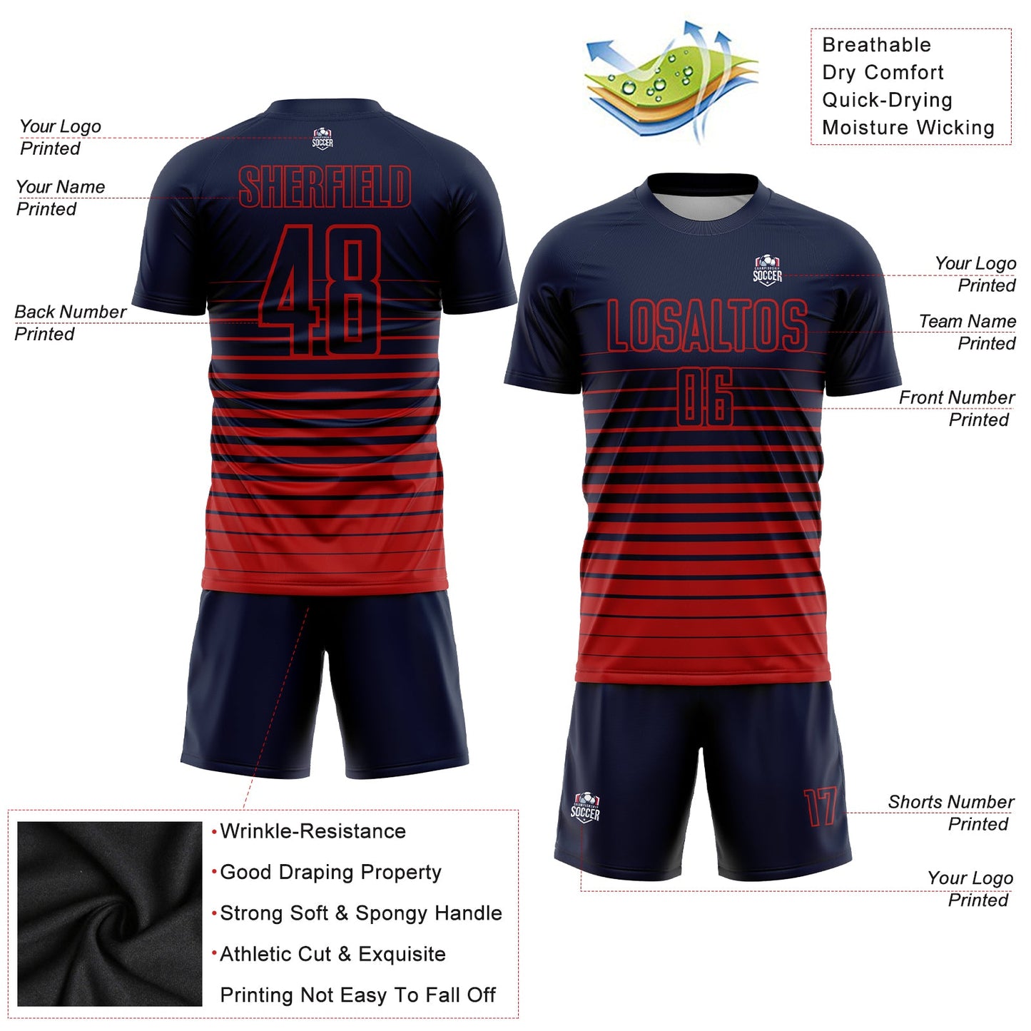 Custom Navy Red Pinstripe Fade Fashion Sublimation Soccer Uniform Jersey - Sky-Custom