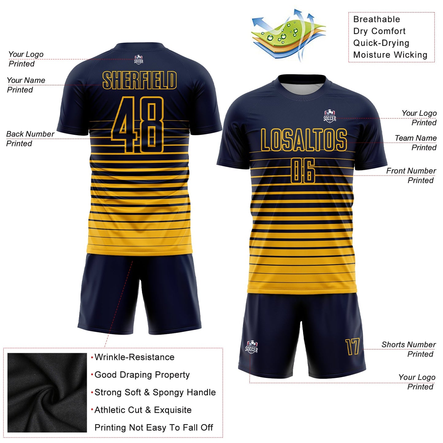 Custom Navy Gold Pinstripe Fade Fashion Sublimation Soccer Uniform Jersey - Sky-Custom