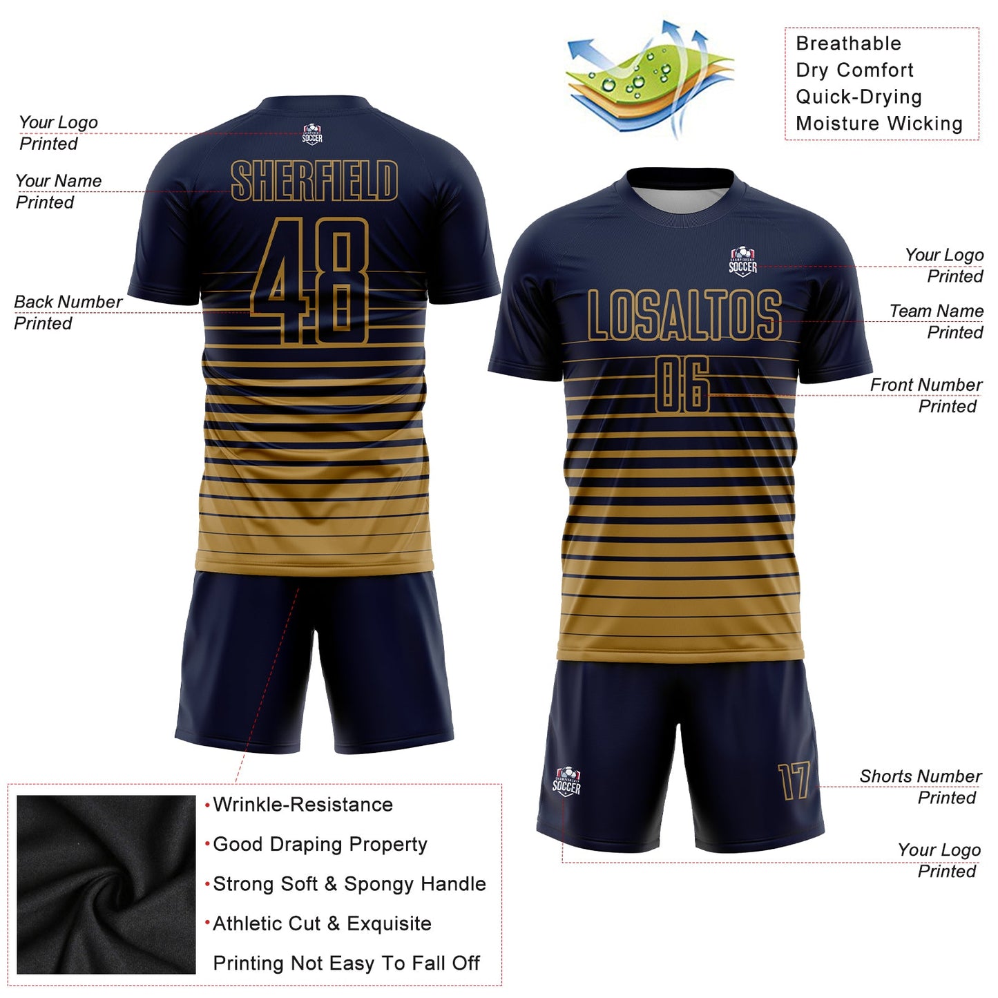 Custom Navy Old Gold Pinstripe Fade Fashion Sublimation Soccer Uniform Jersey - Sky-Custom