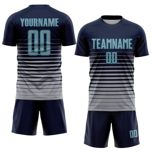 Custom Navy Gray-Teal Pinstripe Fade Fashion Sublimation Soccer Uniform Jersey - Sky-Custom