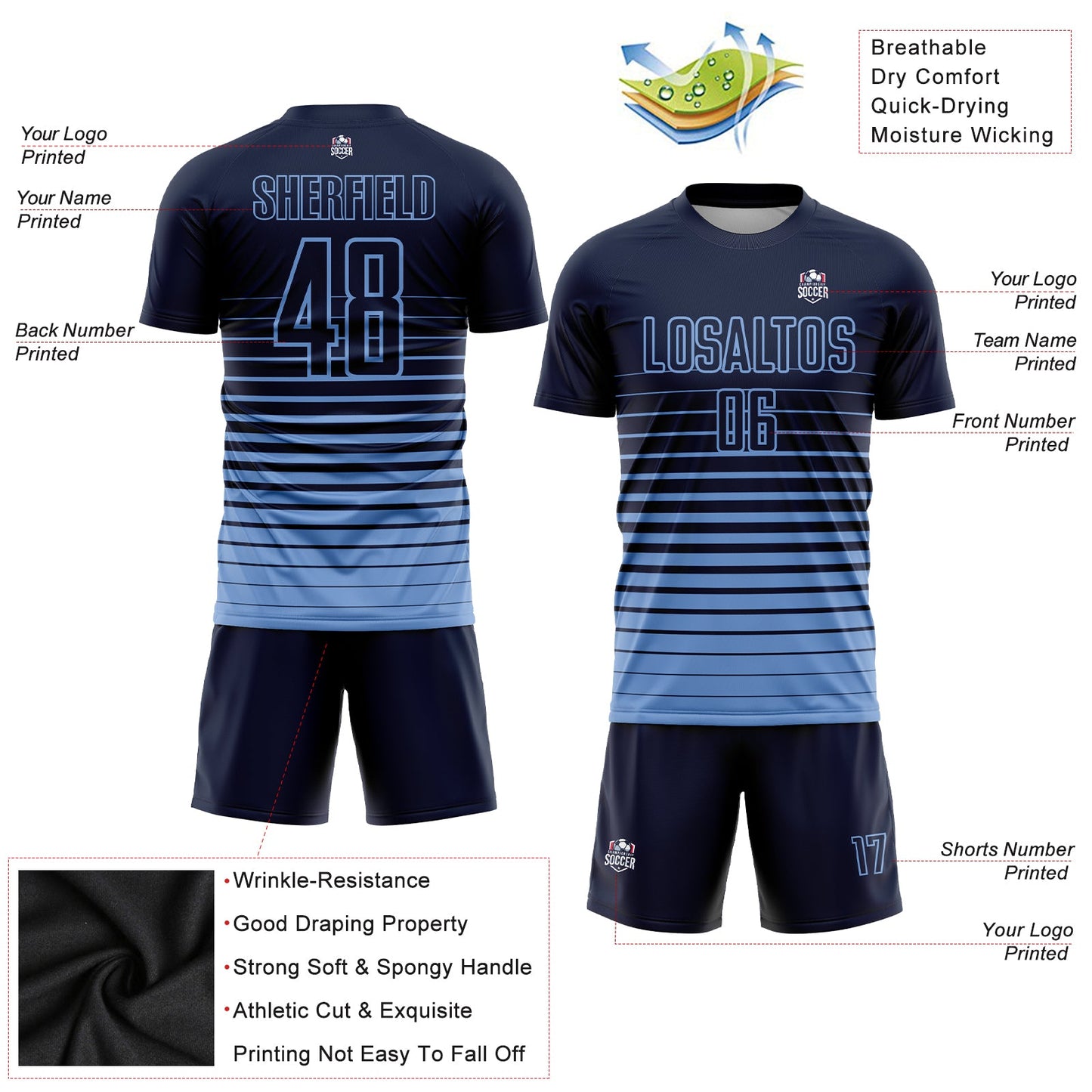 Custom Navy Light Blue Pinstripe Fade Fashion Sublimation Soccer Uniform Jersey - Sky-Custom