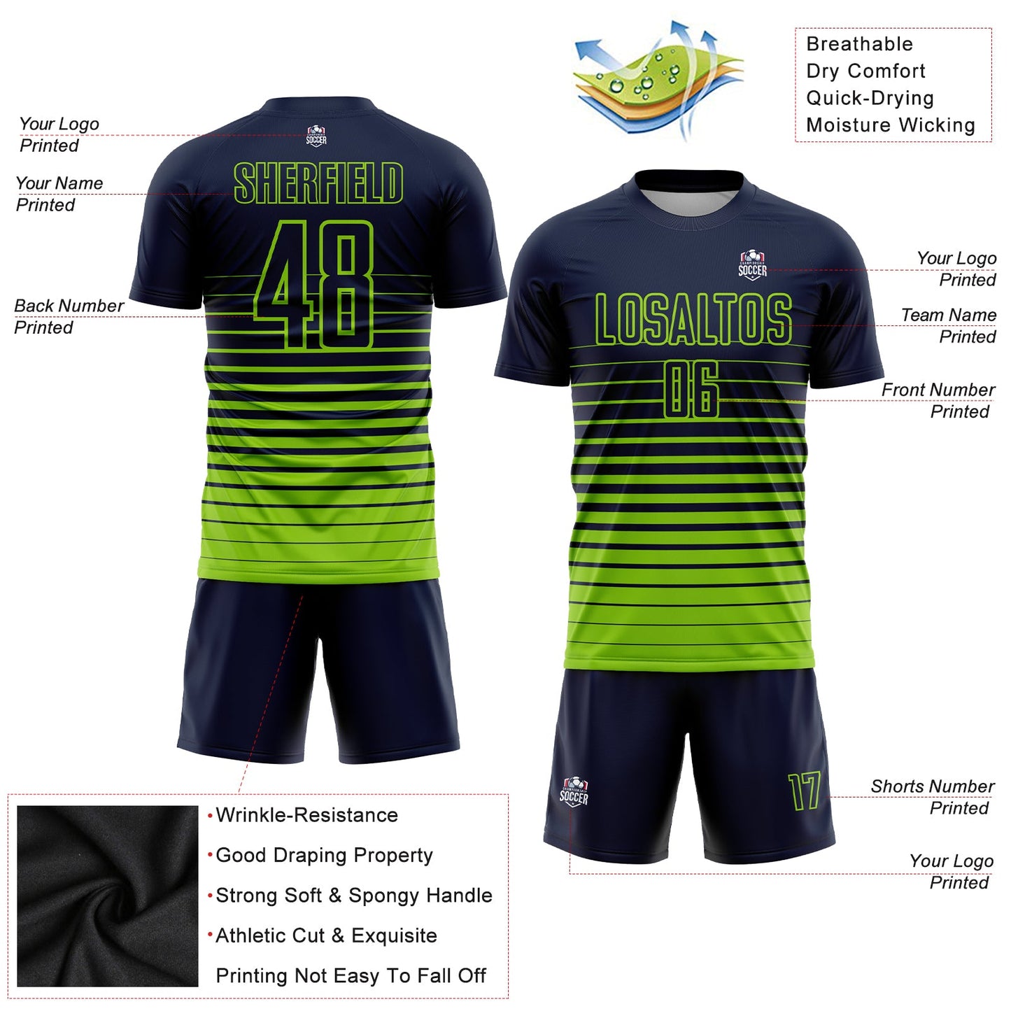 Custom Navy Neon Green Pinstripe Fade Fashion Sublimation Soccer Uniform Jersey - Sky-Custom