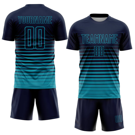 Custom Navy Teal Pinstripe Fade Fashion Sublimation Soccer Uniform Jersey - Sky-Custom