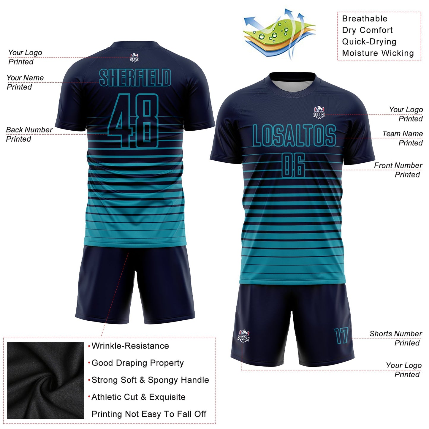 Custom Navy Teal Pinstripe Fade Fashion Sublimation Soccer Uniform Jersey - Sky-Custom