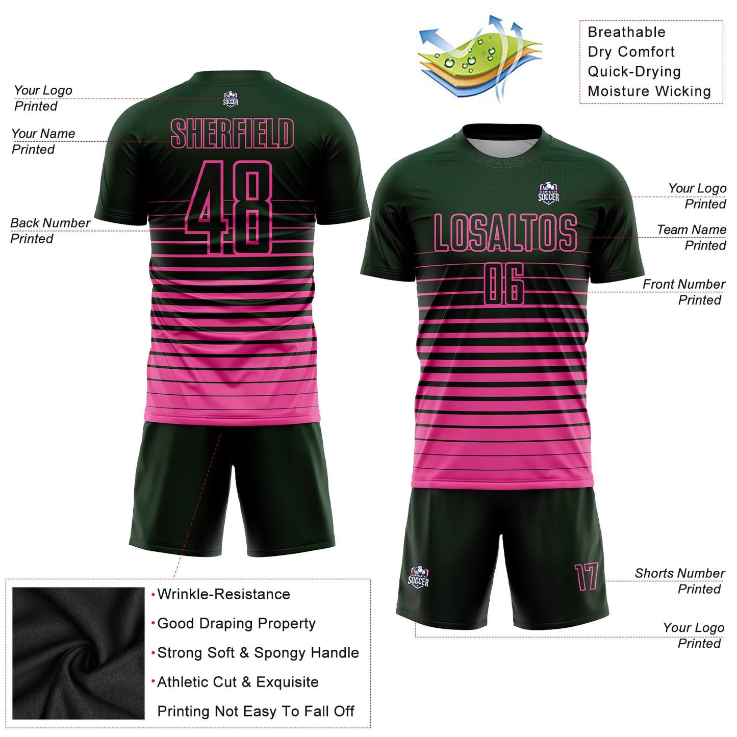 Custom Green Pink Pinstripe Fade Fashion Sublimation Soccer Uniform Jersey - Sky-Custom