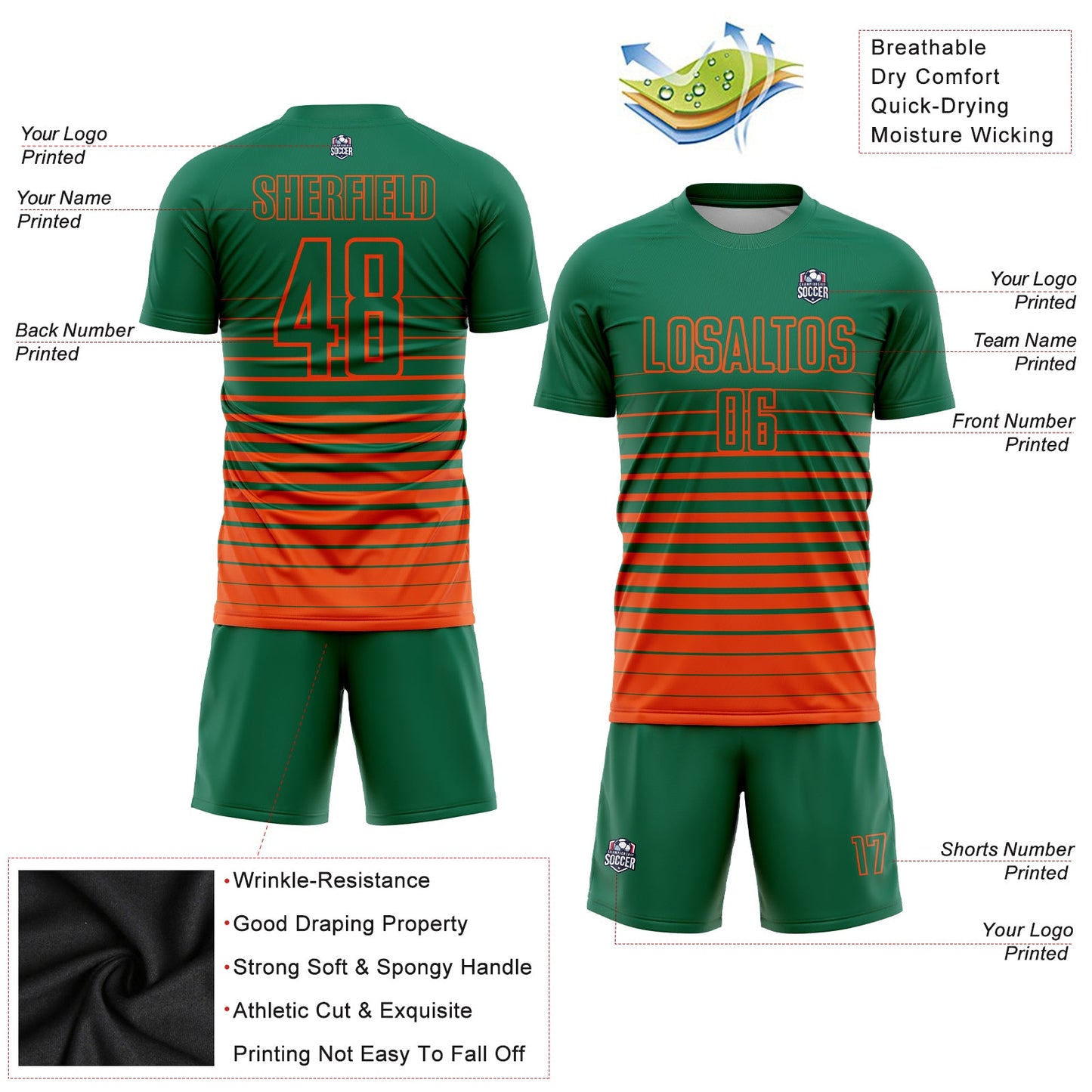Custom Kelly Green Orange Pinstripe Fade Fashion Sublimation Soccer Uniform Jersey - Sky-Custom