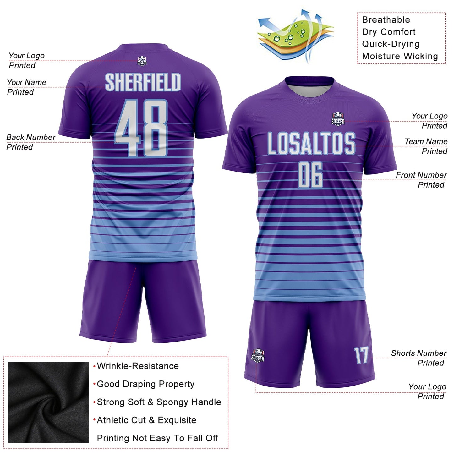 Custom Purple White-Light Blue Pinstripe Fade Fashion Sublimation Soccer Uniform Jersey - Sky-Custom