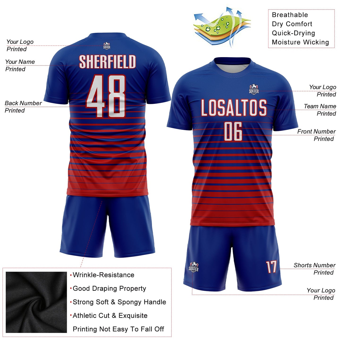 Custom Royal White-Red Pinstripe Fade Fashion Sublimation Soccer Uniform Jersey - Sky-Custom