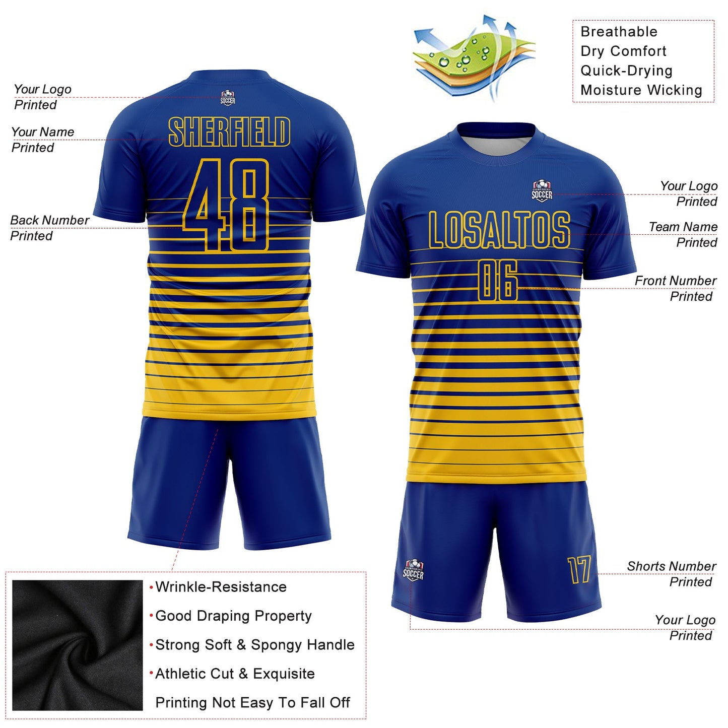 Custom Royal Yellow Pinstripe Fade Fashion Sublimation Soccer Uniform Jersey - Sky-Custom
