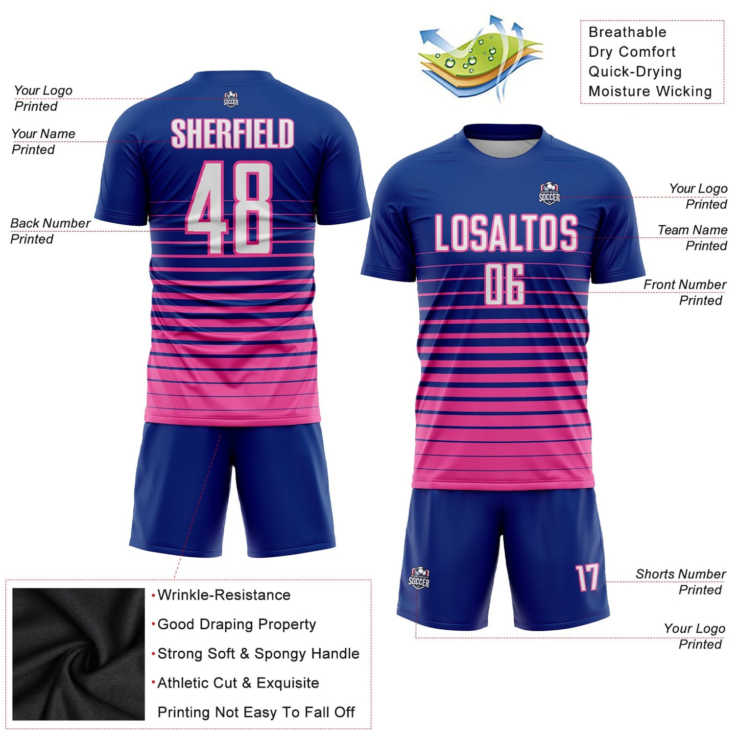 Custom Royal White-Pink Pinstripe Fade Fashion Sublimation Soccer Uniform Jersey - Sky-Custom