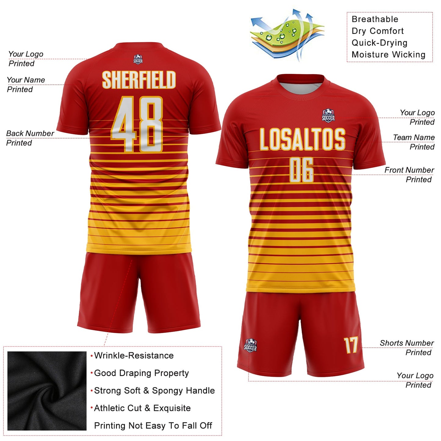 Custom Red White-Gold Pinstripe Fade Fashion Sublimation Soccer Uniform Jersey - Sky-Custom